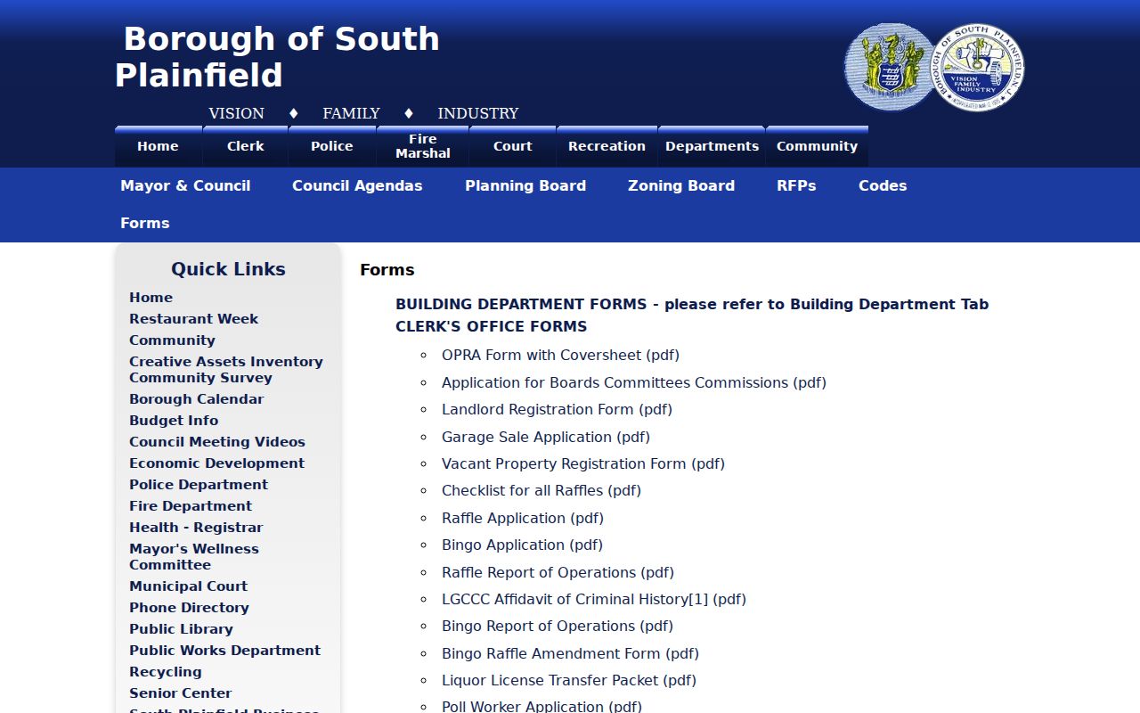 South Plainfield street directory borough permit and OPRA forms