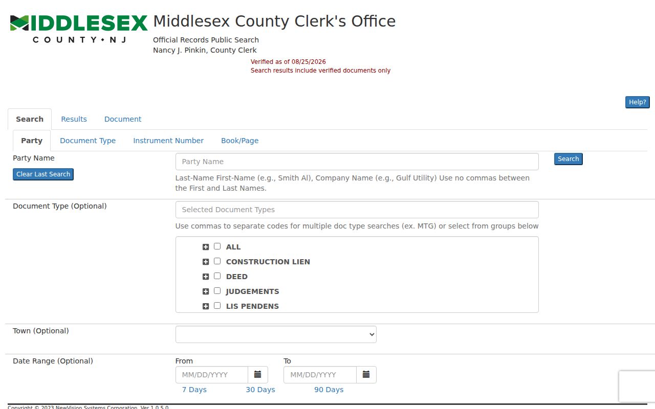 South Plainfield street directory Middlesex grantor-grantee parcel-search screen